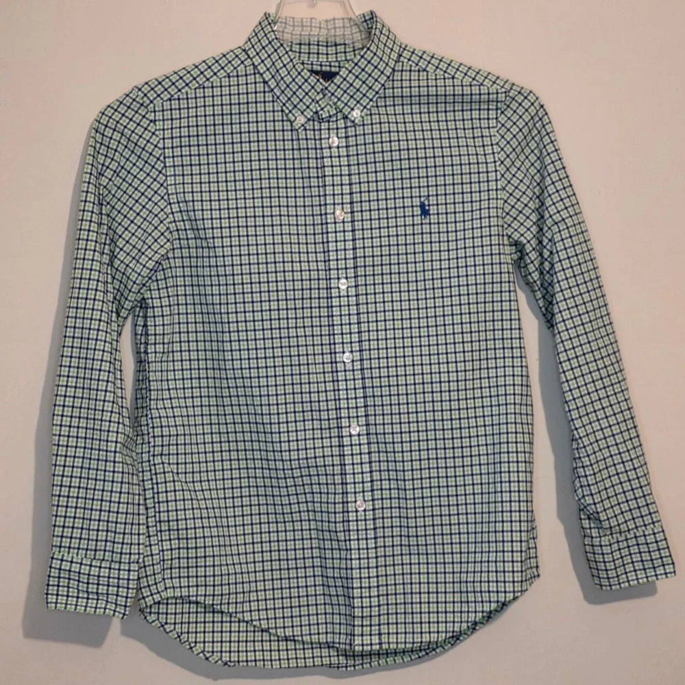 Ralph Lauren Kids‎ L 14-16 Button Down Shirt Long Sleeve Green Navy Gingham Polo